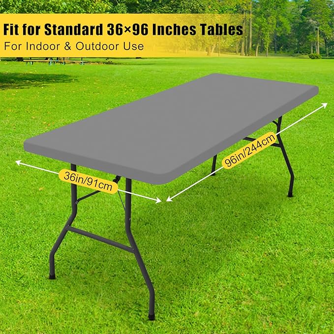 Smiry Rectangle Tablecloth, Elastic Fitted Flannel Backed Vinyl Tablecloths for 8ft Folding Tables, Waterproof Wipeable Table Covers for Indoor, Outdoor, Picnic and Camping (Grey, 36"x96")