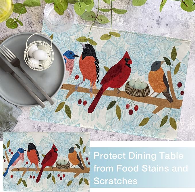 Seliem Spring Summer Birds Placemats Set of 4, Cardinal Bluebird Bullfinch | - Image 5