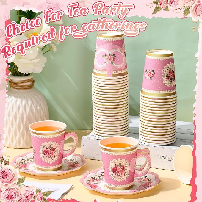 Tioncy 100 Pcs Tea Party Decorations Include 50 Pieces 9 oz Paper Tea Cups - Image 4