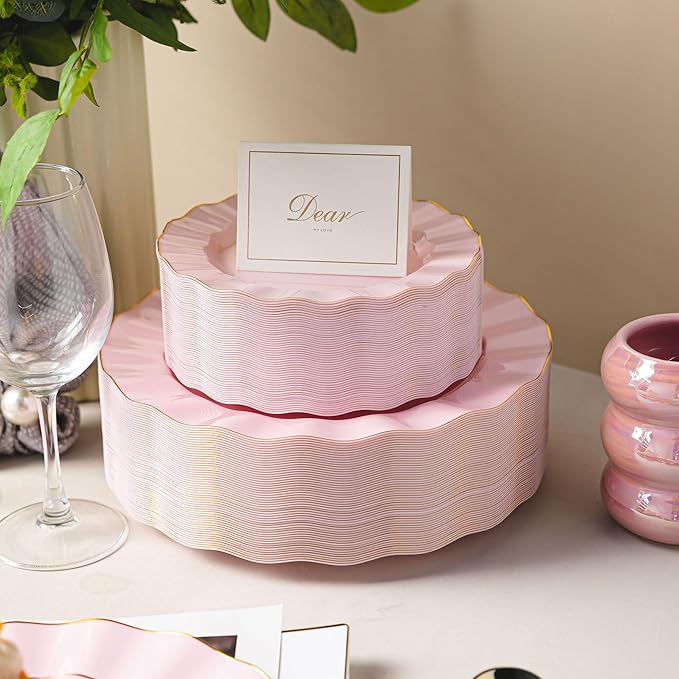 120PCS Pink Plastic Plates, Heavy Duty Disposable Party Plates with Gold Rim, Fancy 60 Dinner & 60 Dessert Plates for Parties and Wedding
