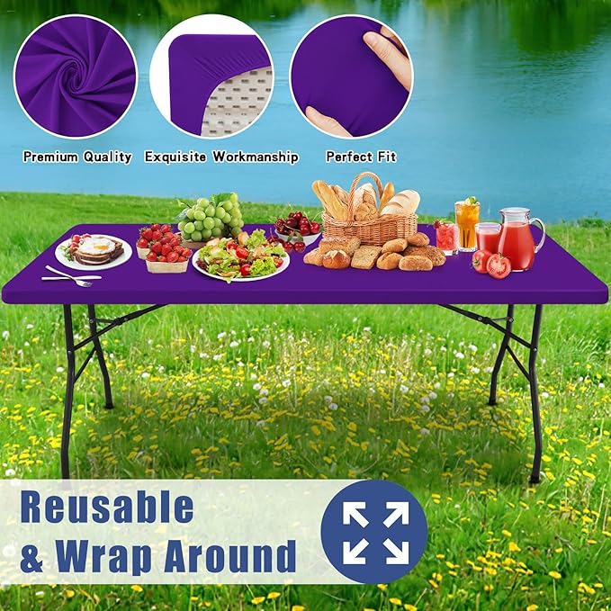 Spandex 4 Foot Rectangle Table Cloth 2 Pack, Elastic Fitted Tablecloths for Picnic, Stretch Washable Patio Table Cover for Outdoor, Camping, Banquet and Parties (Purple, 30"x48")