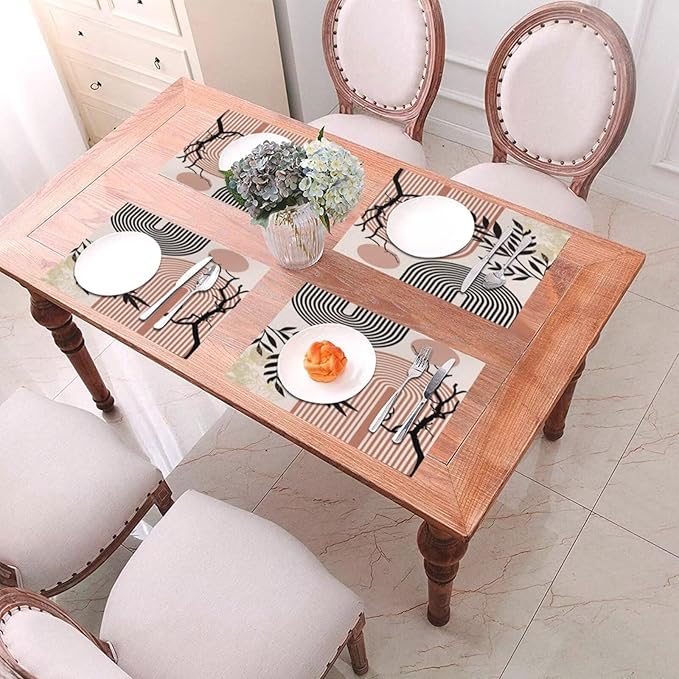 Abstract Mid Century Plant Placemats Boho Retro Tropical Palm Sun Arch Minimalist Modern Aesthetic Geometric Washable Place Mats 12x18Inch for Dining Kitchen Farmhouse Decor 4 PCS