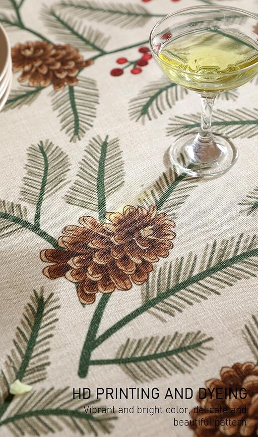 ISAENNE Designer Christmas Beige Linen Extra Long Tablecloth Rectangle,Pinecones Pattern Indoor Table Cloths,Washable Decor Tablecloths for Dining Thanksgiving Kitchen,67"*118"-Carol B