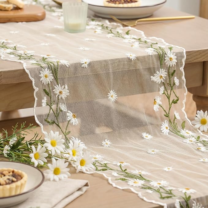 Artoid Mode Daisy Floral Beige Apricot Shaped Gauze Embroidery Table Runner 120 - Image 7