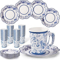 FillTouch 100 Sets Blue Floral Paper Tea Cups and Saucers Disposable Paper Tea by FillTouch