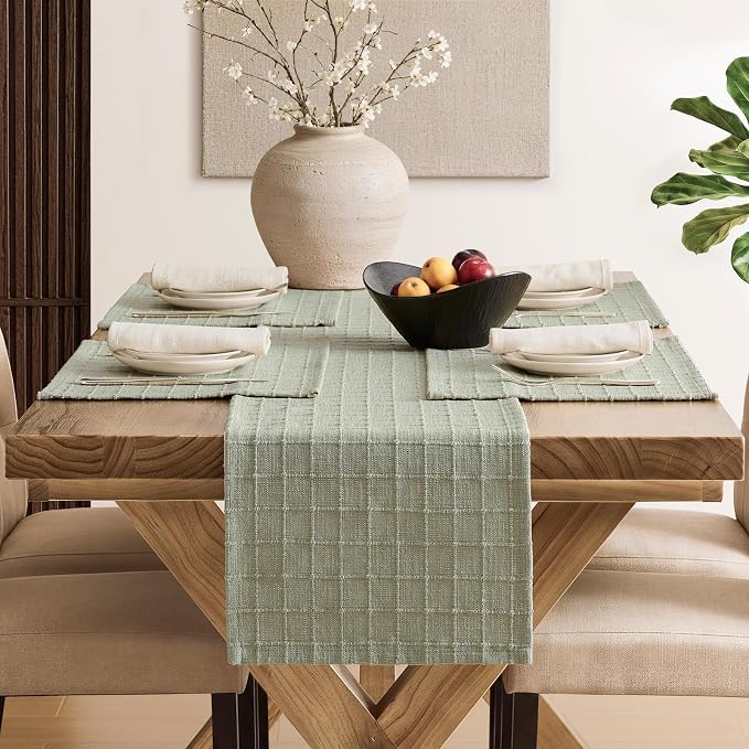 Artisanal Grid Linen Table Runner, 13x36 Inches Seeding Green | Heavy Textured - Image 4
