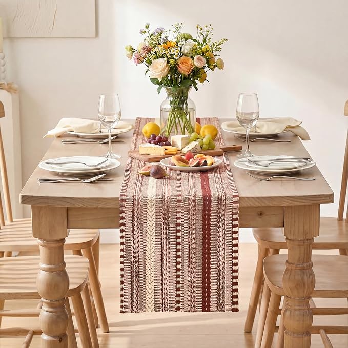 Artoid Mode Red Farmhouse Stripe Braided Table Runner 12x72 Inch | Holiday - Image 2