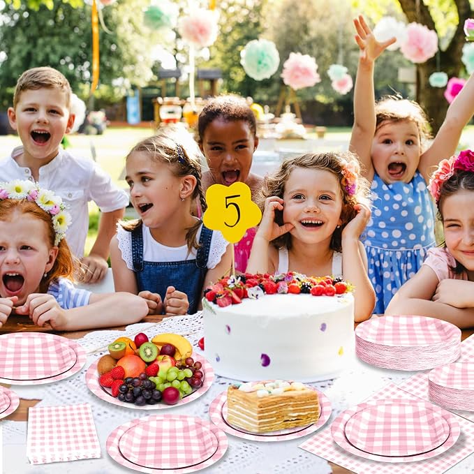 180Pcs Pink Gingham Party Supplies Paper Plates and Napkins Serve 60 | - Image 5