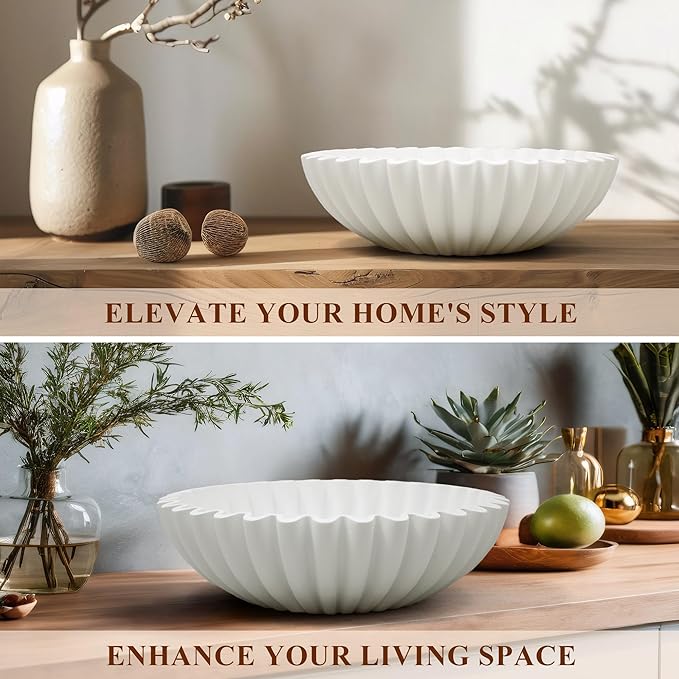 Large Decorative Bowl, Modern Handicraft Bowls for Home Decor, Decorative Fruit Bowl for Kitchen Counter, Ruffle Bowl Decor, Stylish Key Bowl for Entry Table, White