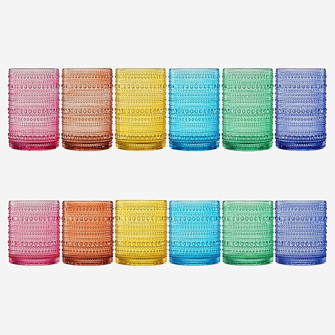 Khen Hobnail Beaded Highball Drinking Tumbler Glasses | Set of 12 | Color, Vintage Bubble Design Whiskey Glassware, Old-Fashioned, Embossed Design for Water, Wine, Cocktail Embossed, Rocks Glass
