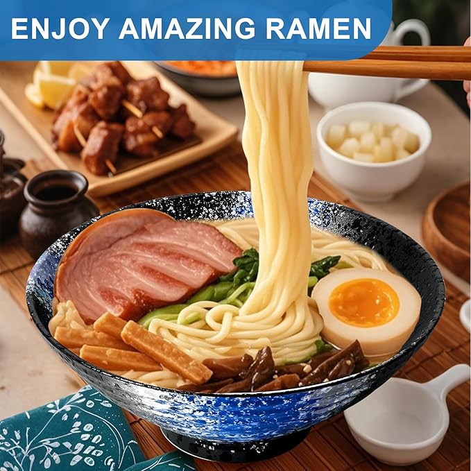9.4Inch Ceramic Ramen Bowl Set of 4 (17 Piece) - Porcelain Japanese Salad Noodles Cereal Fruit Pasta Soup Large Bowls with Recipes Chopsticks Forks Spoons for Men Women Gift Microwave Dishwasher Safe