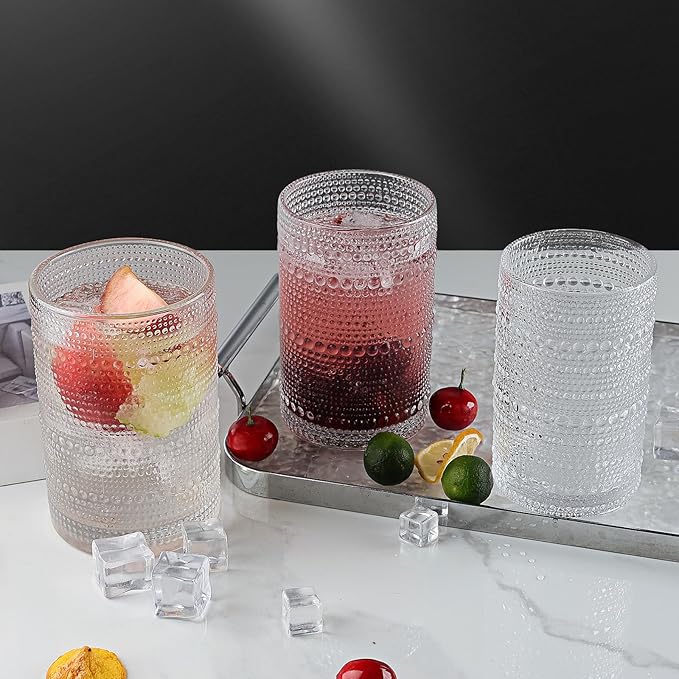 Hobnail Drinking Glasses Set of 2, 16 Oz Vintage Embossed Glass Cup Kitchen Glassware Water Tumblers for Cocktails, Beer, Juice, Whiskey
