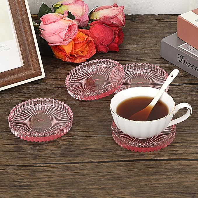 JUXYES 8 Pack Clear Pink Crystal Coasters Round Cup Mat, Glass Coasters for Drinks Coffee Tea Wine, Decorative Wine Bottle Coaster, Crystal Drink Coasters for Restaurant bar Kitchen Dining Table