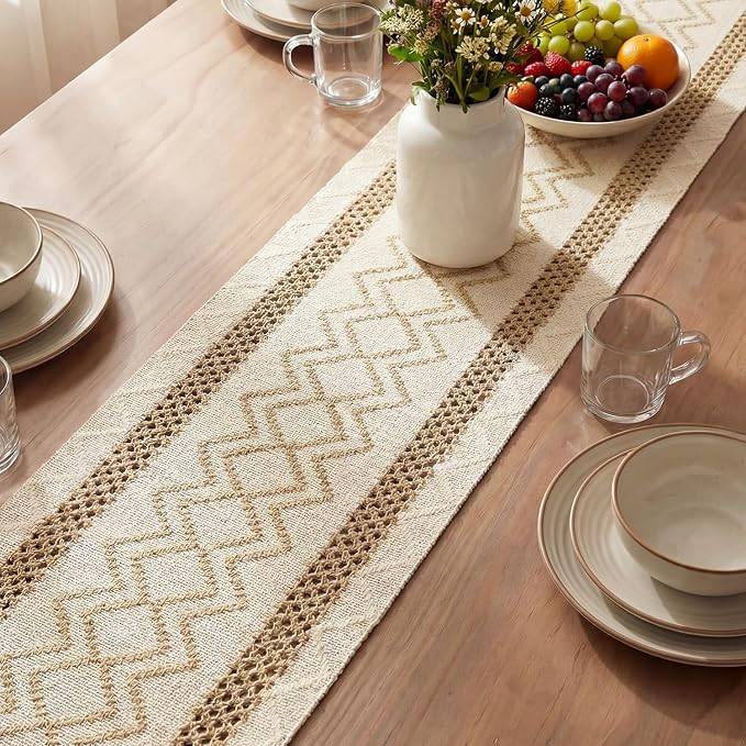 Artoid Mode Burlap Brown Stripe Diamond Woven Table Runner 12x60 Inch | Holiday - Image 3