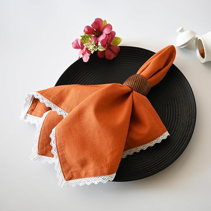 Fingercraft Dinner Cloth Napkin Cotton Linen Blend 12 Pack Mitered Corners with Elegant Lace for Everyday Use Napkins are Pre Shrunk and Good Absorbency (Rust, 20in x 20in (Set of 12))