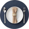 Round Placemats Set of 8 Plastic Woven Placemats Washable Wipeable Table Mats for Dining Table Heat Resistant Non-Slip Circle Place Mats (Navy Blue)