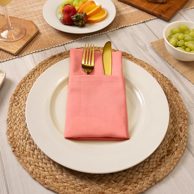 Blue Needles Solid Cloth Napkins Set of 6 Salmon 100% Cotton Dinner Napkins 18x18 inches - Soft, Reusable, Absorbent & Washable Linen, Ideal for Christmas Events, Parties & Everyday Use