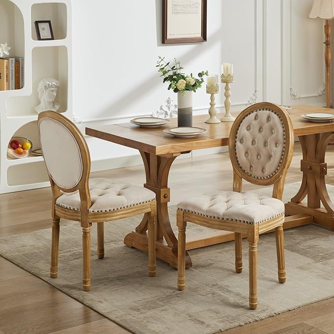 Vintage French Dining Chairs Set of 4, Round Back Velvet Upholstered Accent Chairs with Nailhead Trim and Solid Wood Frame, Elegant Sillas de Comedor for Dining Room & Kitchen, Beige