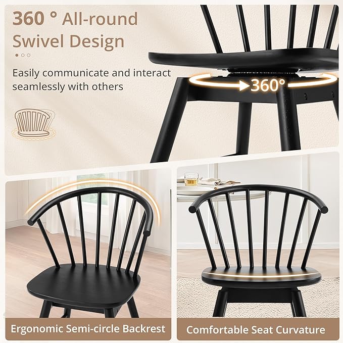 LUE BONA Black Dining Chairs Set of 4, Swivel Windsor Wood Dining Chairs with Semicircular Backrest, Spindle Dining Chair for Kitchen and Dining Room, 18 Inch