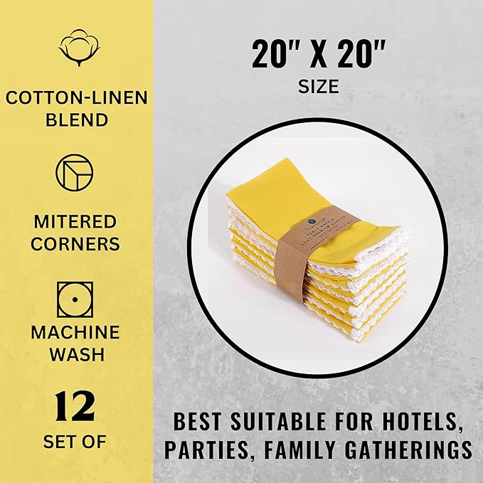Fingercraft Dinner Cloth Napkin Cotton Linen Set of 12 Mitered Corners with Natural Elegant Lace for Everyday Use Napkins are Pre Shrunk and Good Absorbency with Lace 20x20 in Lemon