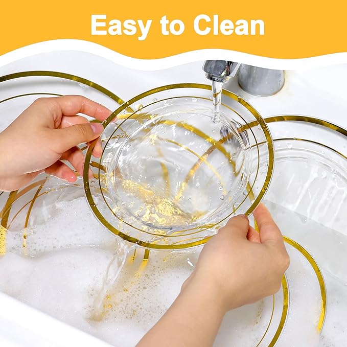 60 PCS Clear Gold Plastic Plates, Disposable Party Plates Include 30 Dinner Plate and 30 Dessert Plate Perfect for Holiday, Birthday, Wedding & Party