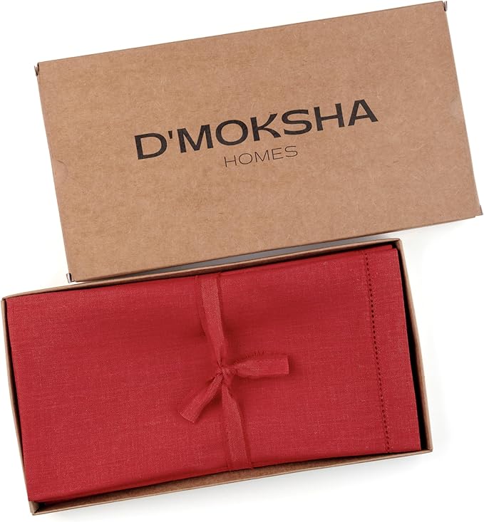D'Moksha Homes Bright Red Linen Napkins Set of 4 - Classic Hemstitch 100% Pure Linen Hemstitch Dinner Napkins 20 x 20 Inch for Valentines, Spring, Easter - Handcrafted and Machine Washable