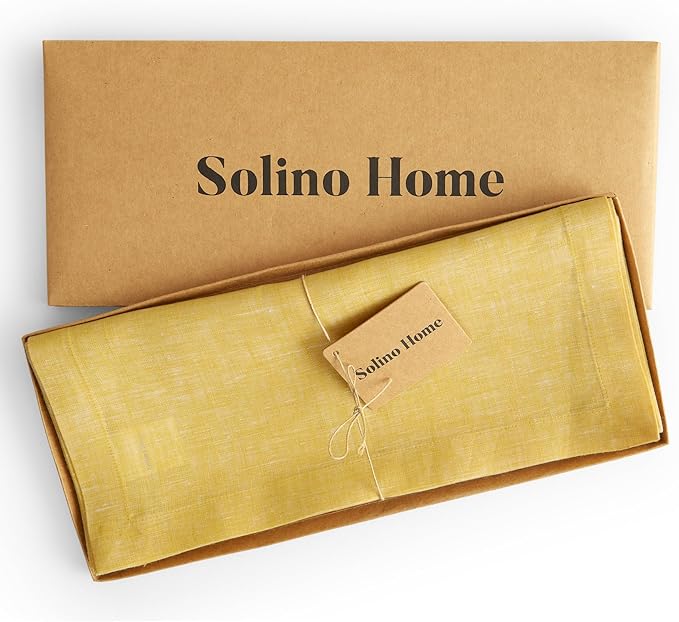 Solino Home Linen Table Runner 108 Inches Long - Athena, 100% Pure Linen Chambray Lemon Yellow 14 x 108 Inch Table Runner for Spring, Easter