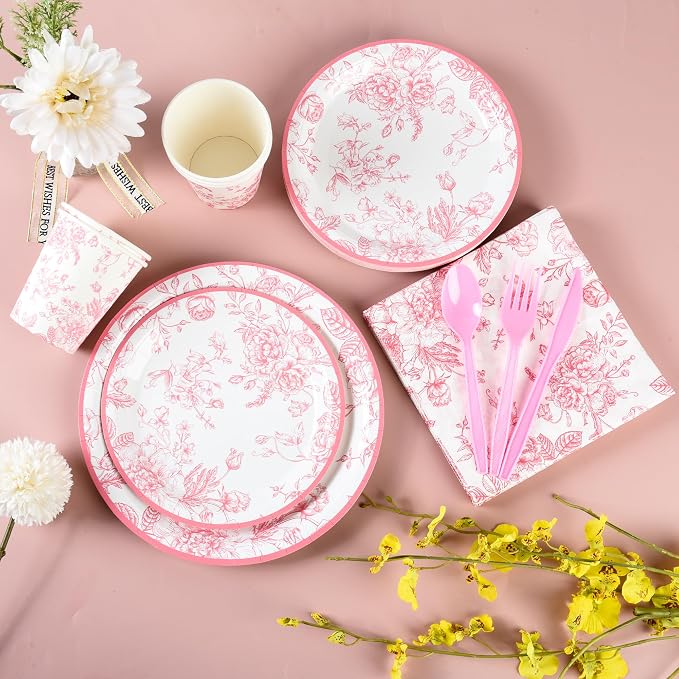 175Pcs Pink Floral Paper Plates and Napkins 25 Guests Pink White Toile - Image 3