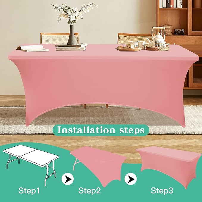6Pack 6FT Table Cloth for Rectangular Fitted Events Stretch Pink Table Covers Washable Spandex Tablecloth Protector for Party, Wedding, Cocktail, Banquet, Festival
