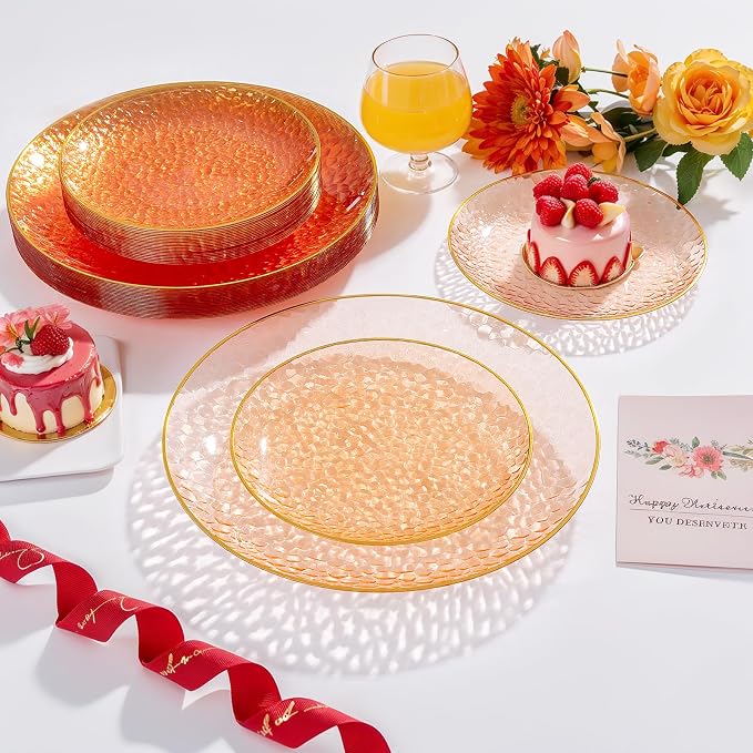 Rubtlamp 100Pcs Orange Plastic Plates, Hammered Plastic Plates Include 50 - Image 3