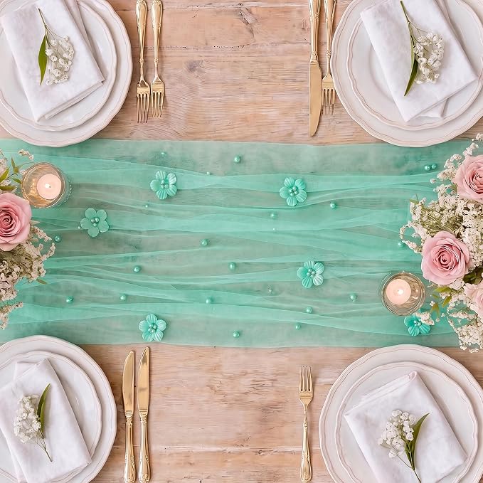 Artoid Mode Turquoise Flower Pearl Gauze Table Runner 10FT, Seasonal Sheer - Image 6