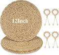 12” Woven Round Placemats Set of 4, Natural Water Hyacinth Braided Table Mats with 4 Wood Bead Napkin Rings, Washable Boho Farmhouse Rattan Place Mats for Home, Outdoor, Table Decor, Dinning, Wedding