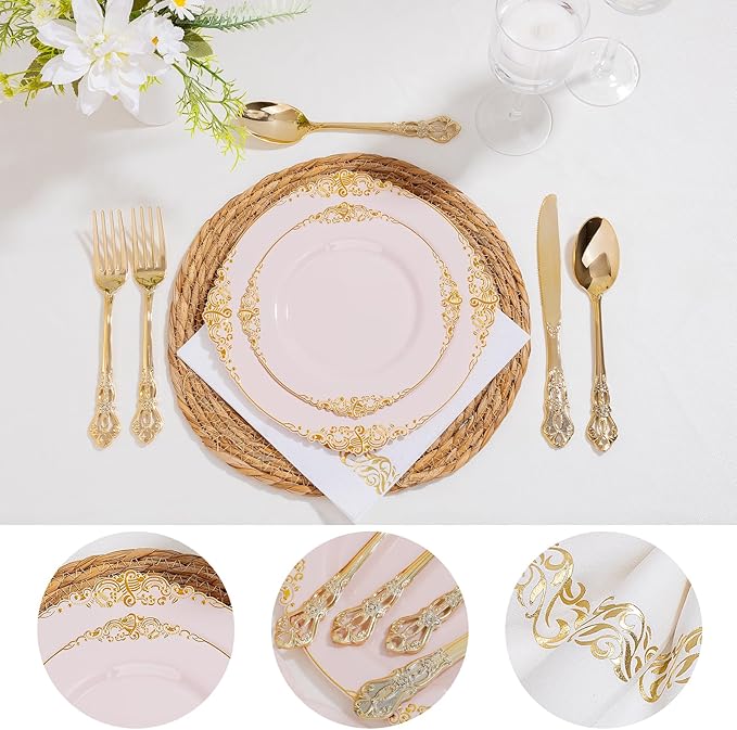 Ciaell 300PCS Pink and Gold Plastic Plates - Pink Disposable Dinnerware Sets for 50 Guests - 100 Plates, 50 Knives, 50 Forks, 50 Spoons, and 50 Napkins for Wedding, Party & Valentine's Day