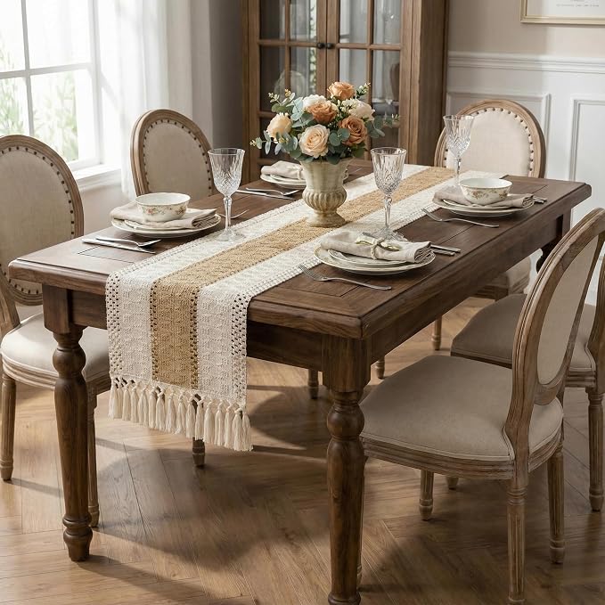 Burlap Boho Table Runner Macrame Brown 60in Farmhouse Woven Runner | Burlap - Image 6