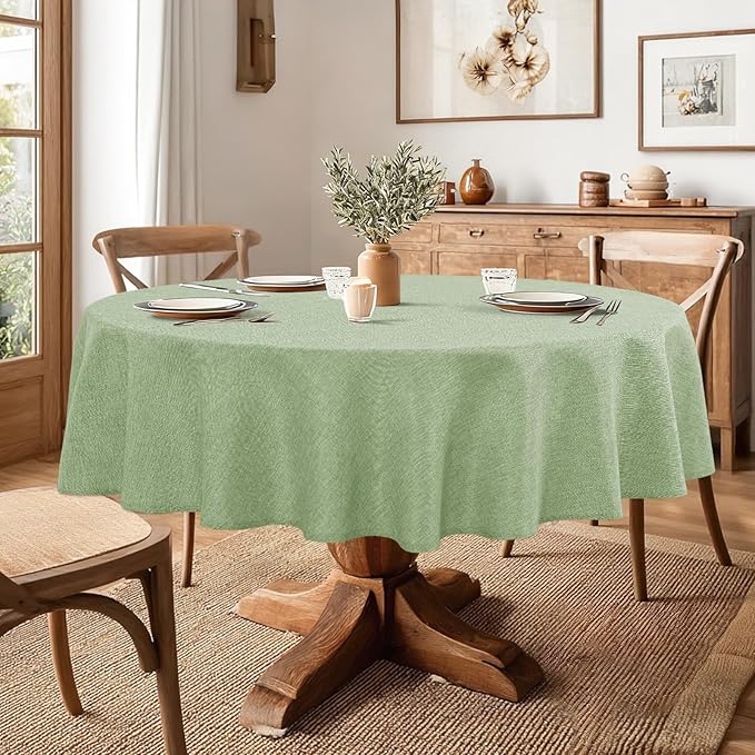 JIUZHEN Round Table Cloth Faux Linen Farmhouse Tablecloth Wrinkle and Stain Resistant Decorative Fabric Table Cover for Kitchen, Dining Room, Parties and Camping, Sage Green, 108 Inch Round