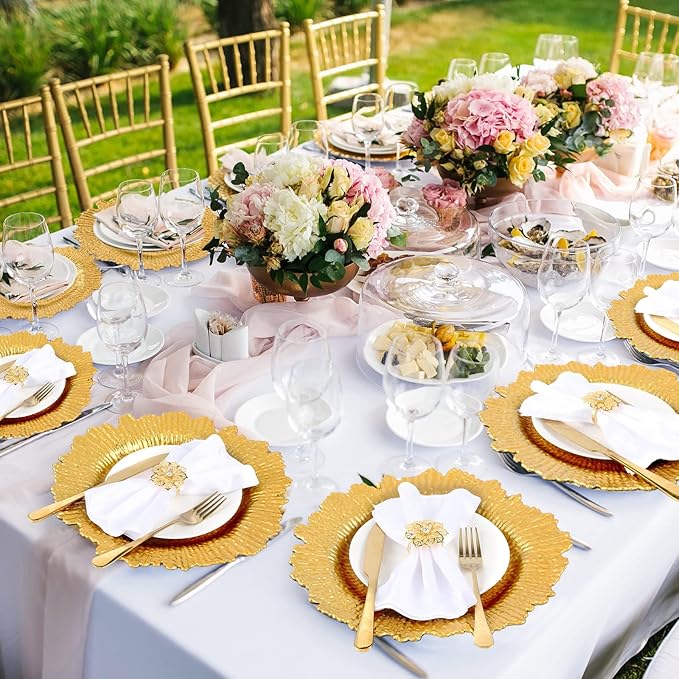 Dandat 48 Pcs Charger Plate Bulk 13'' Floral Reef Plates with Napkin Ring Plastic Dinner Charger Hollow Out Flower Napkin Holder Plastic Plate for Table Setting Wedding Party (Gold)