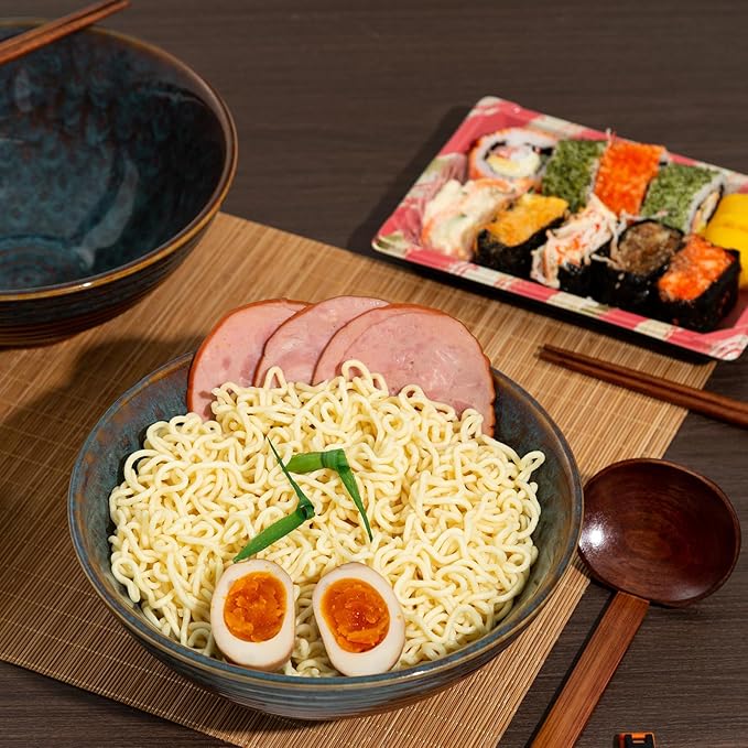 8 Inch Ceramic Ramen Bowl Set of 2, 40oz Japanese Bowls with Spoons & Chopsticks,Durable,Microwave & Dishwasher Safe,Perfect for Ramen,Pho,Salad,Soup,Noodles，Mixing bowls（Verdigris Green）