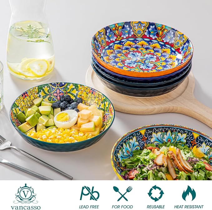 vancasso 32 Oz Pasta Bowls Set of 6, Ceramic Bohemian Soup Salad Bowls | - Image 4