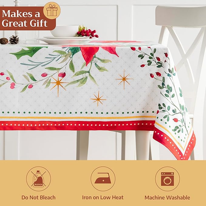 Maison d' Hermine Table Cloth Rectangle Table 100% Cotton 70 x 108 Inches Fall Tablecloth Reusable Everyday Use for Thanksgiving Christmas Decorations Dining Farmhouse Party (Poinsettia Christmas)