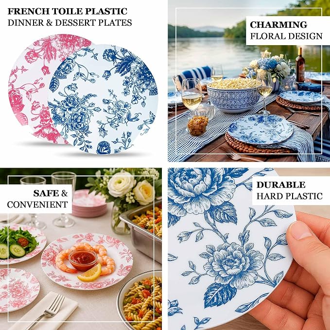 Efavormart 10-Pack French Toile Plastic Dinner Plates – Pink & White Floral - Image 4