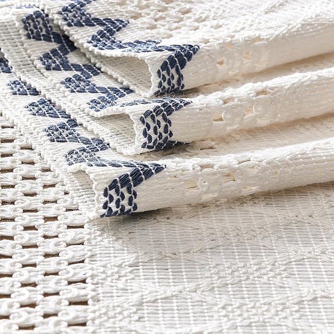 Macrame Side Trim Boho Woven Table Runner, Dusty Blue 12x60 Inch | Crochet - Image 7