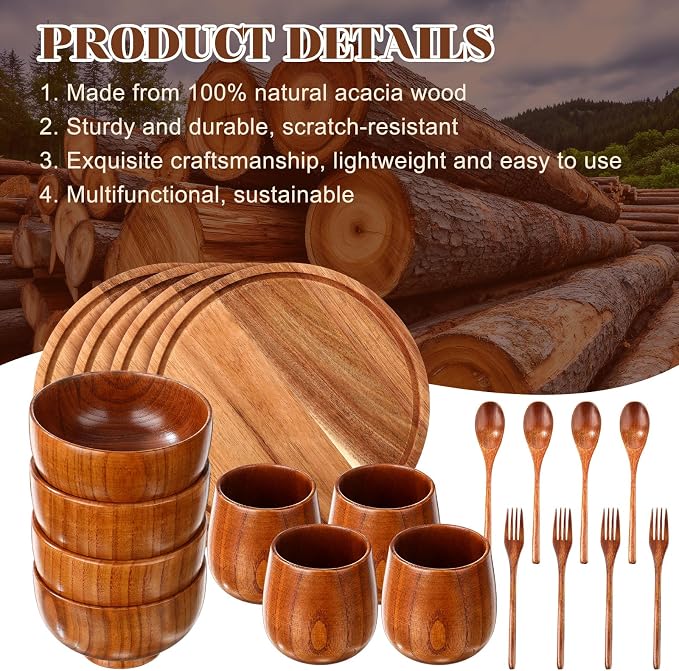 20 Pcs Acacia Wood Dinnerware Set 10 Inch Round Wooden Plates Bowls Tea Cups - Image 3