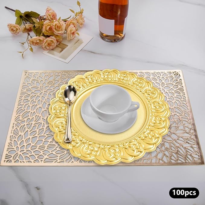 100 Pcs Antique Charger Plates Bulk, 13in Reusable Serving Plates Embossed Rim Plastic Party Dinner Plate Chargers Round Decorative Server Plate for Wedding Party Event Tableware
