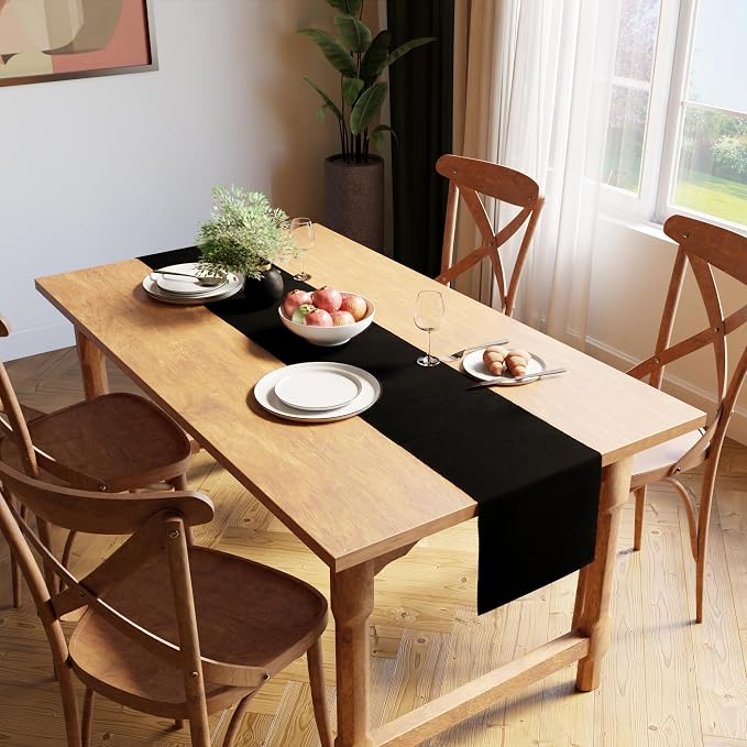 Encasa XO Table Runner, Yarn Dyed Ribbed Cotton 13"x59" | Solid Black, 12-Ply - Image 2