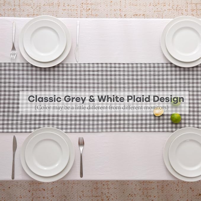 Grey White Plaid Gingham Ruffle Table Runner 108 inches Long 100% Washed Cotton - Image 4
