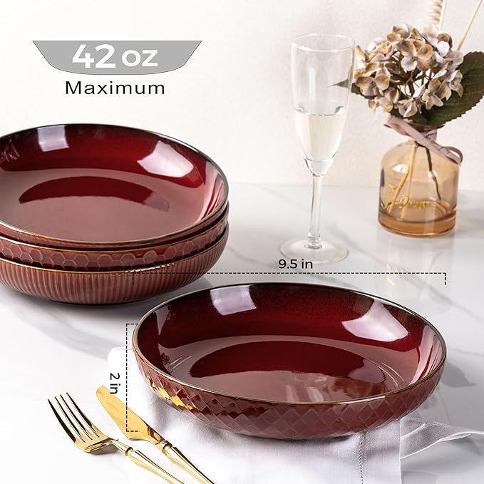 GBHOME 9.5'' Large Pasta Bowls, 42 Ounce Stoneware Salad Bowls for Kitchen, Ceramic Serving Bowls With Textured Pattern for Pasta,Fruit, Stews,Noodle, House-warming Gift,Set of 4-Burgundy Red