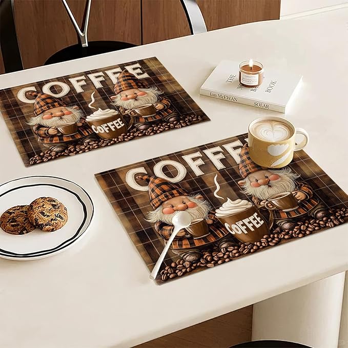 Coffee Gnomes Placemats Set of 6, Cafe Station Table Mats, Washable Place Mats for Coffee Bar Home Party Indoor Kitchen Dining Table Decor 12x18 Inch