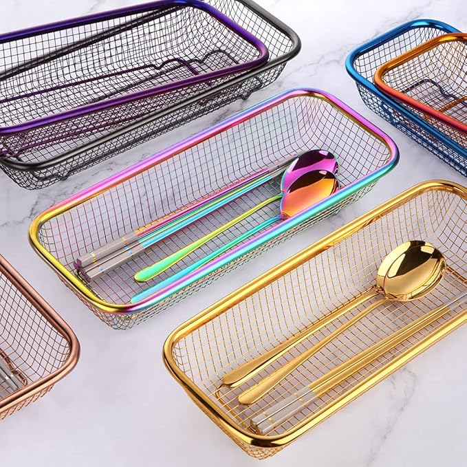 Kitchen Drawer Organizer, Stainless Steel Storage Container Metal Cabinet Storage Basket for Holding Silverware Kitchen Utensil, Pack of 2, Blue