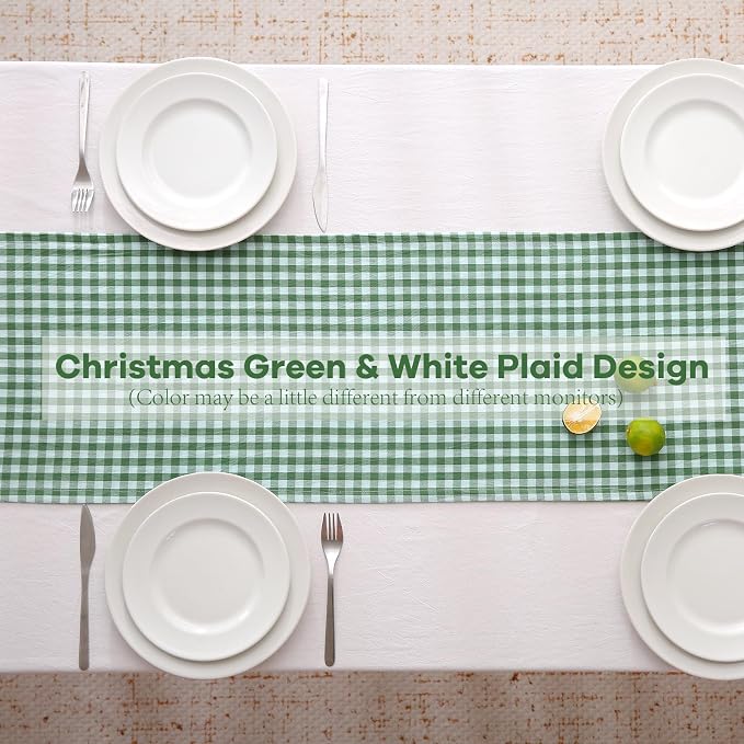 Green White Plaid Gingham Ruffle Table Runner 72 inches Long 100% Washed Cotton - Image 4