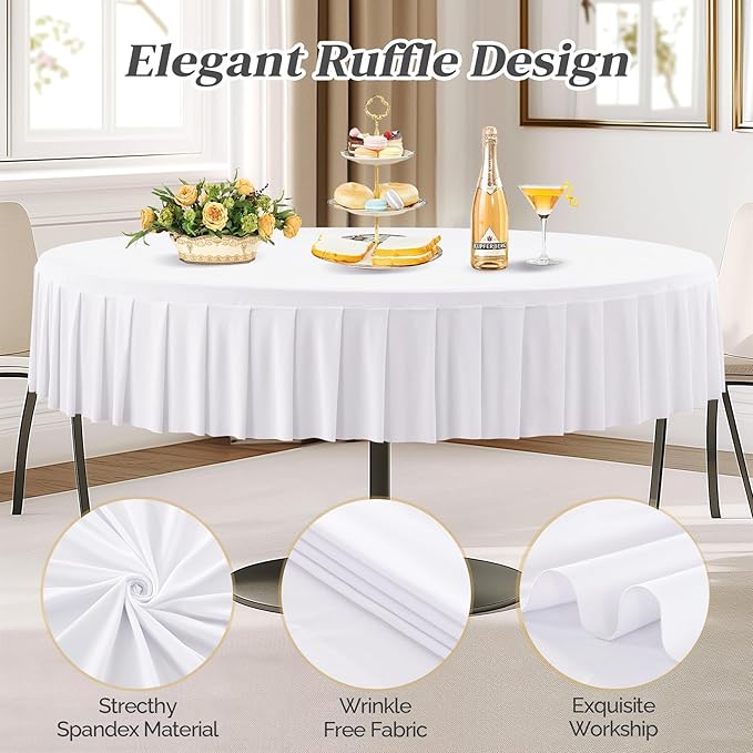 2 Pack White Spandex Round Tablecloths for 60 inch Tables, Stretchy Fitted 5FT Round Table Cloths, Wrinkle Free Table Cover with Skirt for Wedding Party Dining Banquet Baby Shower